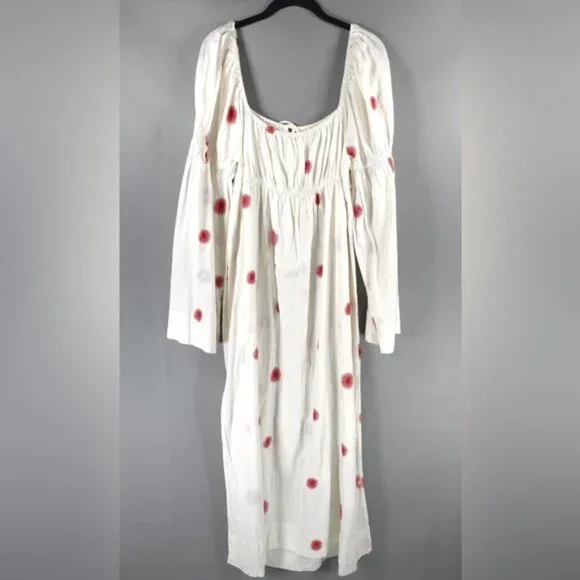 NWOT FREE PEOPLE LINEN Blend EMORY EMBROIDERED MIDI DRESS Slit Side LS  IVORY L